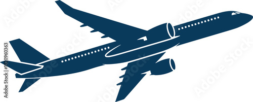 Dark blue silhouette of a modern jet airplane ascending against a white background