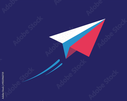 Red white and blue paper airplane flying with blue motion trails on dark blue background