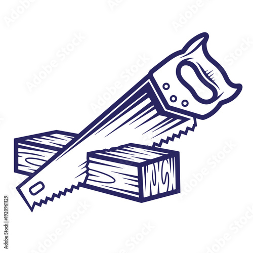 Hand saw cutting through a wooden block with a handle  woodworking tool for carpentry and construction work