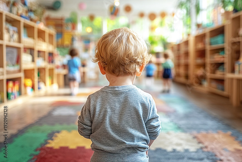 Back view of little boy standing alone at playroom by looking other kids playing together. Concept of loneliness, depression, rejection and not accepted. A child stands in classroom filled with books