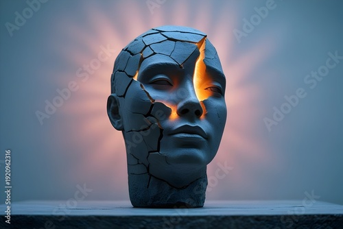 Cracked Stone Head with Inner Light — Resilience and Emotional Healing Concept