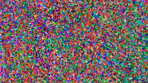 A vibrant, abstract mosaic of small, irregularly shaped colorful cells