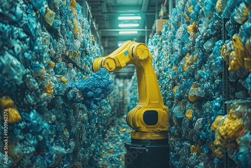 A yellow robotic arm sorts through tightly packed bales of compressed plastic waste in a large, industrial recycling facility. Automated recycling facility with robotic arms sorting materials.