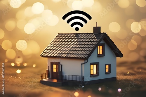 House with Wi-Fi Signal Roof — Connected Home and Remote Work Concept