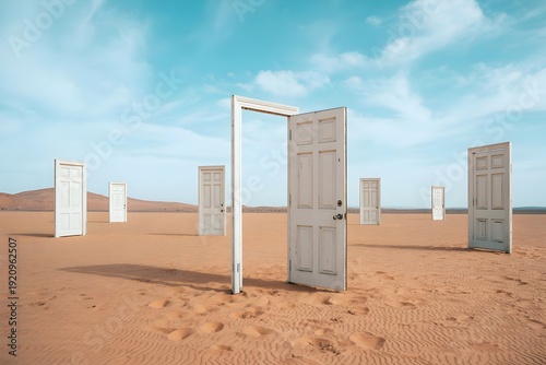 Floating Doors in Desert — Opportunity and Life Choices Concept