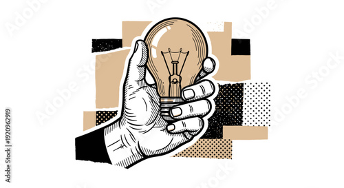Hand Holding Light Bulb Illustrating Idea Concept, Vintage Style Illustration