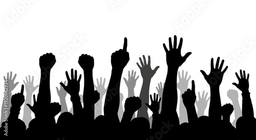Diverse Crowd Raising Hands Up in Silhouette Against White Background