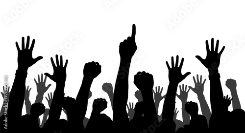 Diverse Crowd Silhouettes with Raised Hands Expressing Enthusiasm and Unity