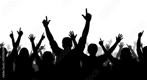 Excited Crowd with Hands Raised in Celebration, Silhouette Against White Background
