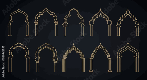 Collection of Ornate Islamic Arch Vector Silhouettes on a Black Background