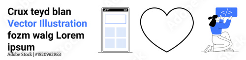 Mobile app development, coding, design, user interface, creativity, teamwork. A smartphone template, a heart symbol and a person coding at a desk. Mobile app development and coding conceptual