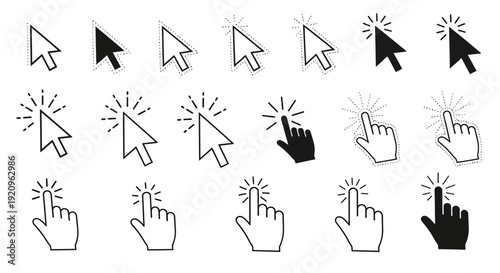 Collection of Cursor Icons: Mouse Pointers and Click Hand Gestures on White