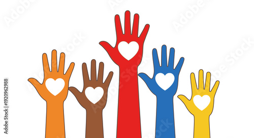 Diverse Hands with Hearts Raised in Unity, Symbolizing Love, Support, and Community