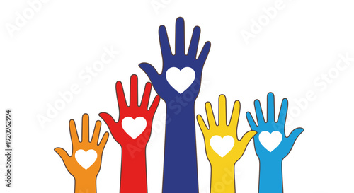 Diverse hands with hearts raised up in unity, support, and care vector illustration