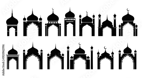 Collection of Islamic Mosque Architectural Silhouettes with Domes and Minarets