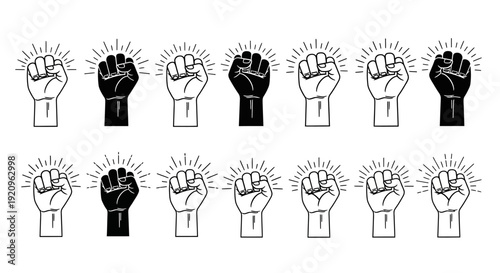 Diverse Collection of Fist Icons Symbolizing Unity, Strength, and Activism