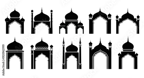 Collection of Islamic Architectural Arches and Domes, Vector Silhouettes for Design