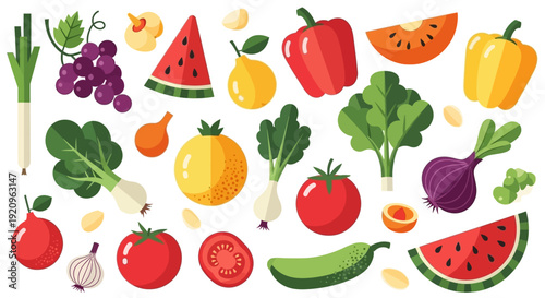 Vibrant Assortment of Fresh Fruits and Vegetables in a Cheerful Flat Design Collection