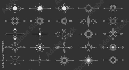 Esoteric Geometric Art Symbols Featuring Sun, Moon, Stars and Arrows