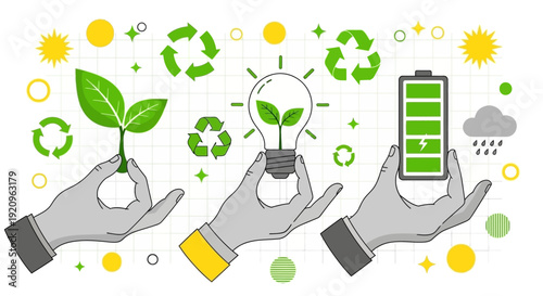 Hands holding symbols of renewable energy, growth, and battery power