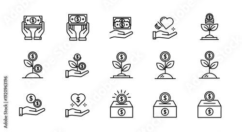 Vector Icons of Financial Growth, Investments, and Charity: Money, Plants, and Hands