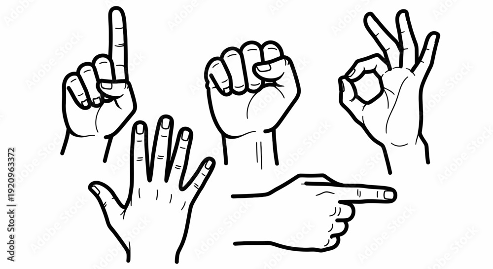 Obraz premium Diverse Hand Gestures Collection: Counting, Fist, Okay, Open Palm, Pointing
