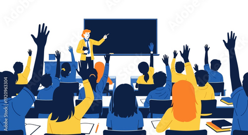 Diverse Students Raising Hands Eagerly in a Bright, Modern Classroom with Teacher