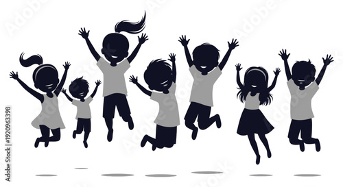 Diverse Group of Happy Children Silhouettes Jumping Joyfully Together in the Air