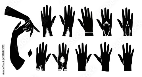Collection of Black Glove Silhouettes and Hand Poses with Elegant Designs
