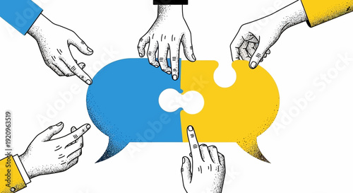 Collaborative communication concept: Hands assemble puzzle speech bubbles for idea sharing