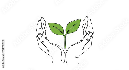 Caring Hands Gently Holding a Growing Green Sprout in Minimalist Single Art