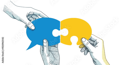 Hands Connecting Puzzle Pieces Shaped Like Speech Bubbles Symbolizing Communication