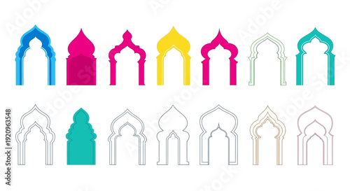 Collection of Diverse Islamic Architectural Archways, Traditional Designs in Vibrant Colors