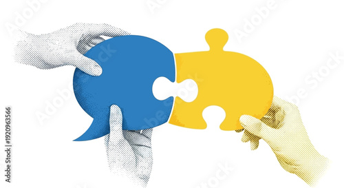 Concept of Communication and Connection: Hands Joining Puzzle Pieces Shaped Like Speech Bubbles
