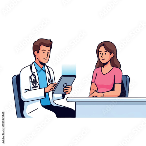 A male doctor in a white coat sits at a desk with a female patient discussing her digital medical records on a tablet in a clinical setting with a clean white background.