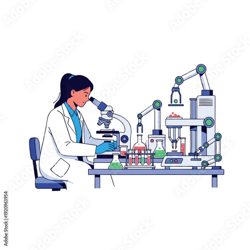 A female scientist in a lab coat examines a sample under a microscope at a cluttered laboratory workbench with various scientific equipment.