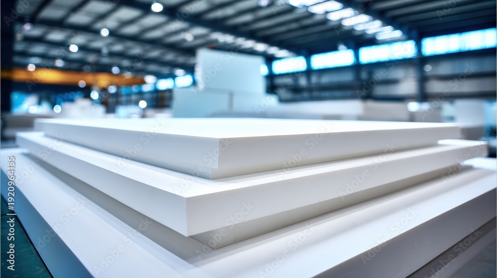 Fototapeta premium Close up view of stacked white boards in spacious industrial setting