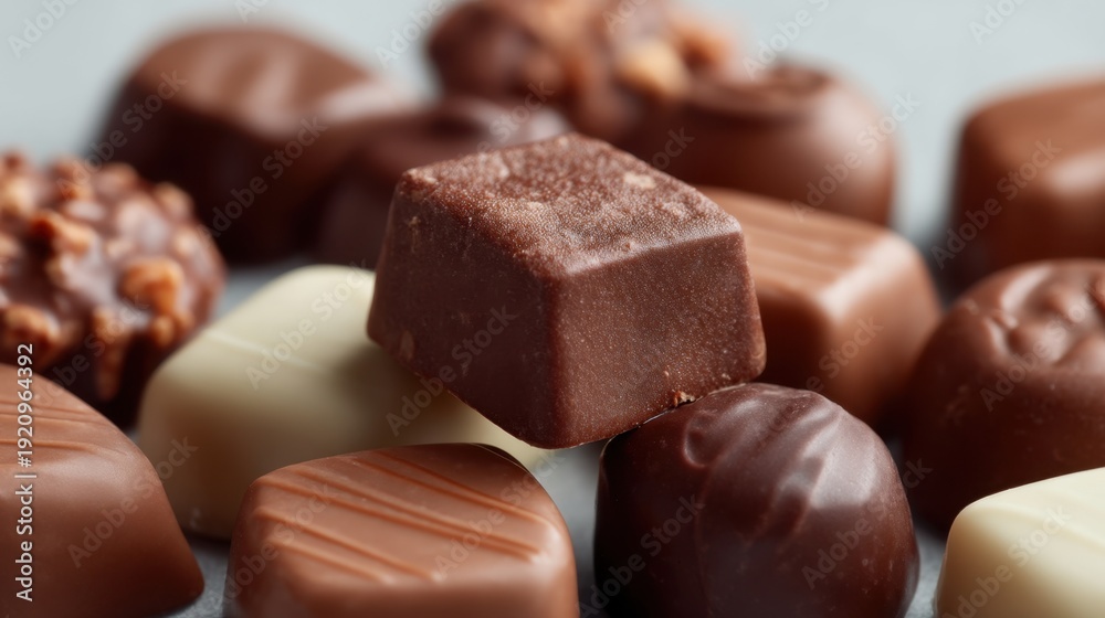 Fototapeta premium Assorted Chocolate Confections with a Focus on a Single Caramel Square, Various Shapes and Textures, Indulging in Sweetness and Delightful Experience