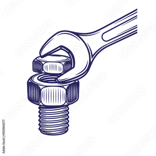 Wrench turning a bolt with a nut on a threaded fastener