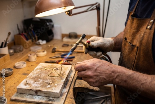 Close up of a jeweler gloved hands soldering a piece of gold jewelry on a workbench
