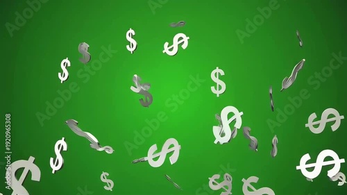 Dollar sign symbols continuously falling from the top of the frame with realistic physics and spacing on a pure green screen