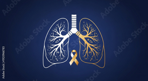 World Tuberculosis Day Illustration of Lungs with a Gold Ribbon of Awareness on a Dark Blue Background