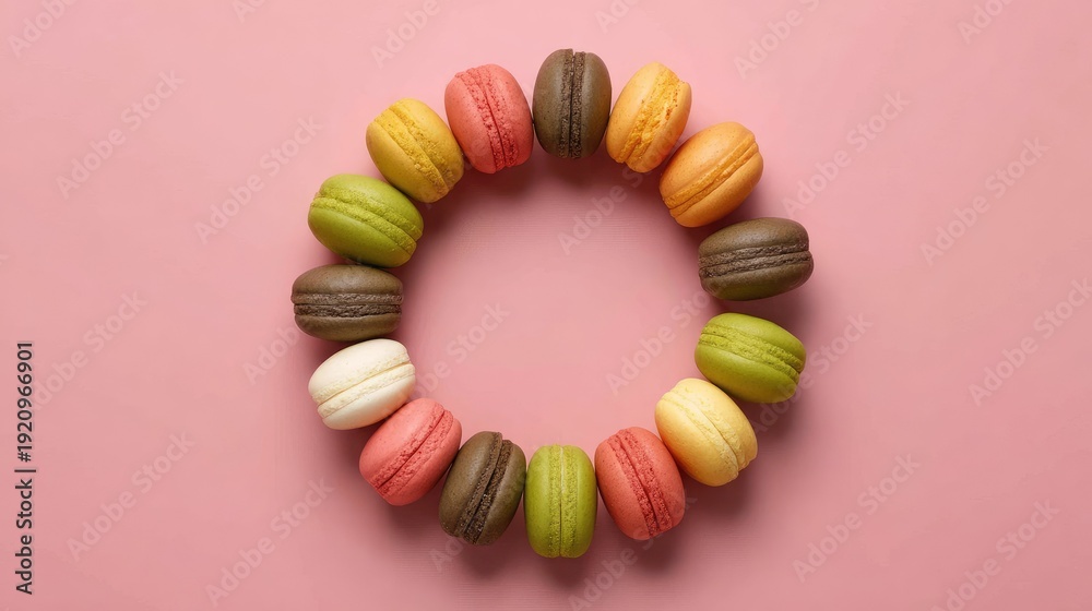 Obraz premium Colorful Arrangement of Delicious Macarons in a Circular Shape on a Soft Pink Background for Sweet Treats and Decorative Ideas
