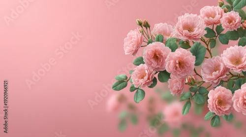 Elegant Soft Pink Roses Blooming with Fresh Green Leaves against a Subtle Blurred Pink Background, Perfect for Floral Inspirations and Designs