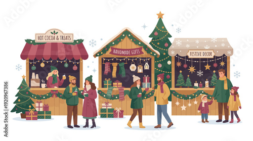 Christmas Market Scene – Festive Winter Fair Flat Vector Illustration