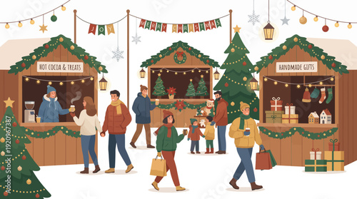 Holiday Christmas Market – Winter Shopping Scene Flat Illustration