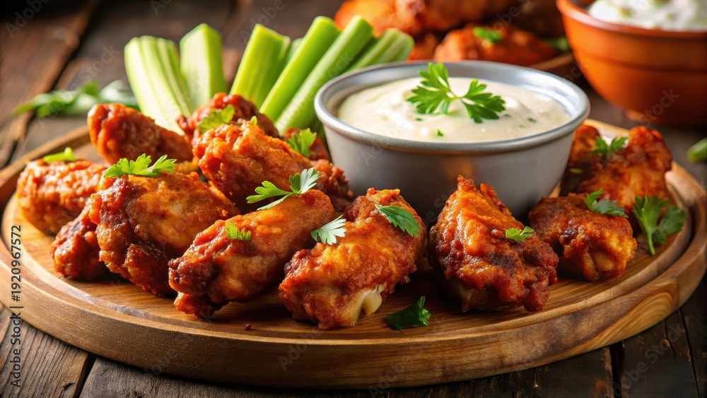 Fototapeta premium Savory Spice Fest Crispy BBQ Chicken Wings with Crunchy Celery and Creamy Dip