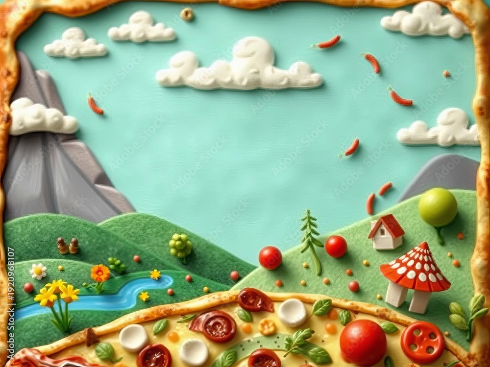 Obraz premium Whimsical pizza design resembling a landscape scene with savory elements, pizza art, edible art