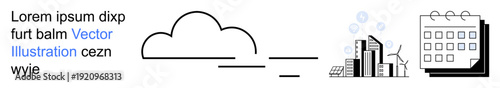 Business solutions, technology, urban planning, sustainability, scheduling, innovation. a cloud, cityscape and schedule. Business solutions and technology concept