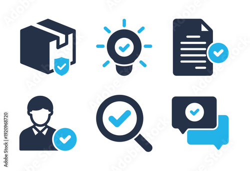 Idea Validation and Delivery Confirmation icon set. Solid glyph series icons